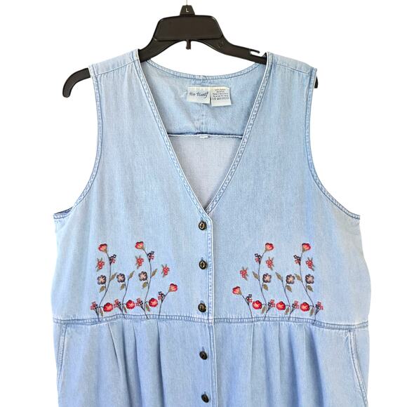 Vintage Chambray Cotton Denim Full Button Front Maxi Dress Pockets Size L - Picture 3 of 7